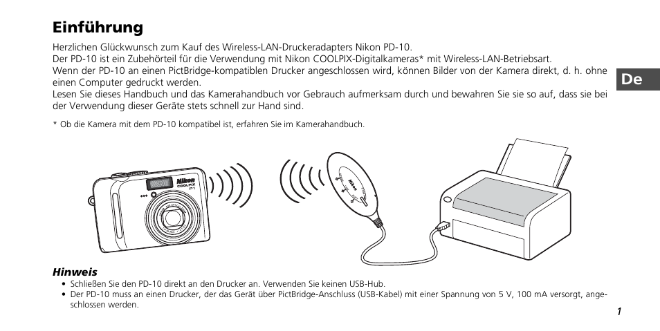 De einführung, Hinweis | Nikon PD-10 User Manual | Page 21 / 120