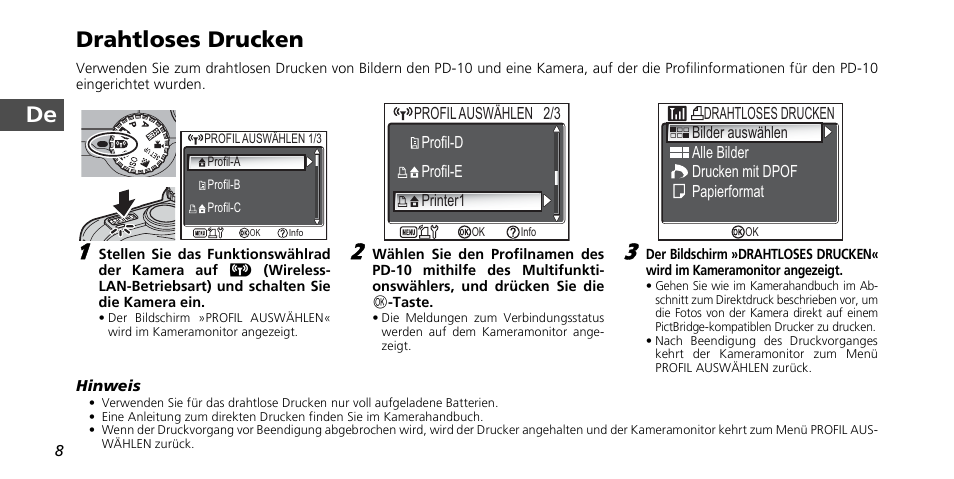De drahtloses drucken | Nikon PD-10 User Manual | Page 28 / 120