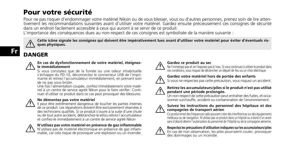 Fr pour votre sécurité | Nikon PD-10 User Manual | Page 32 / 120