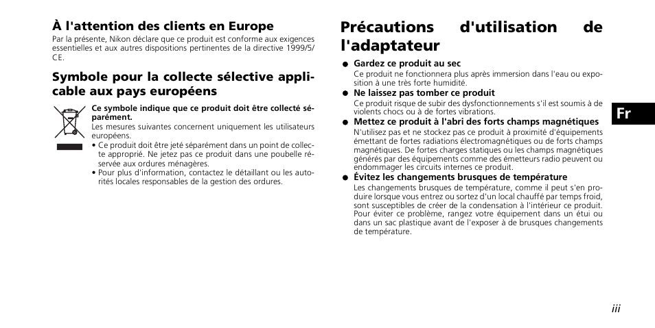 Précautions d'utilisation de l'adaptateur | Nikon PD-10 User Manual | Page 35 / 120