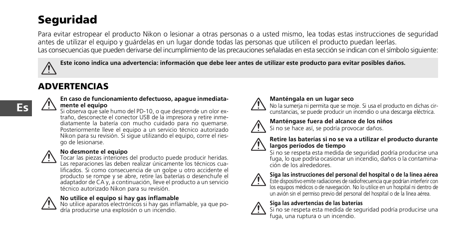 Es seguridad | Nikon PD-10 User Manual | Page 48 / 120