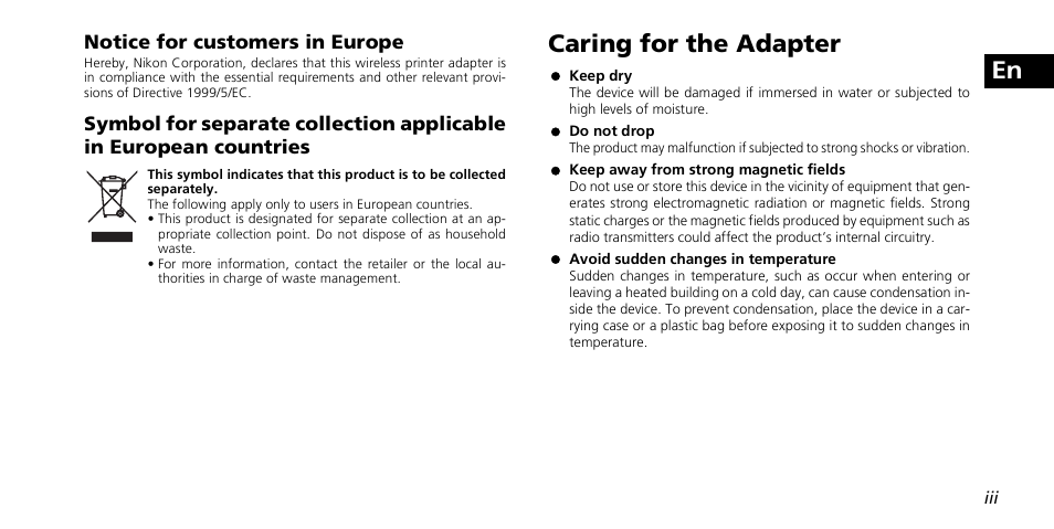 Caring for the adapter | Nikon PD-10 User Manual | Page 5 / 120