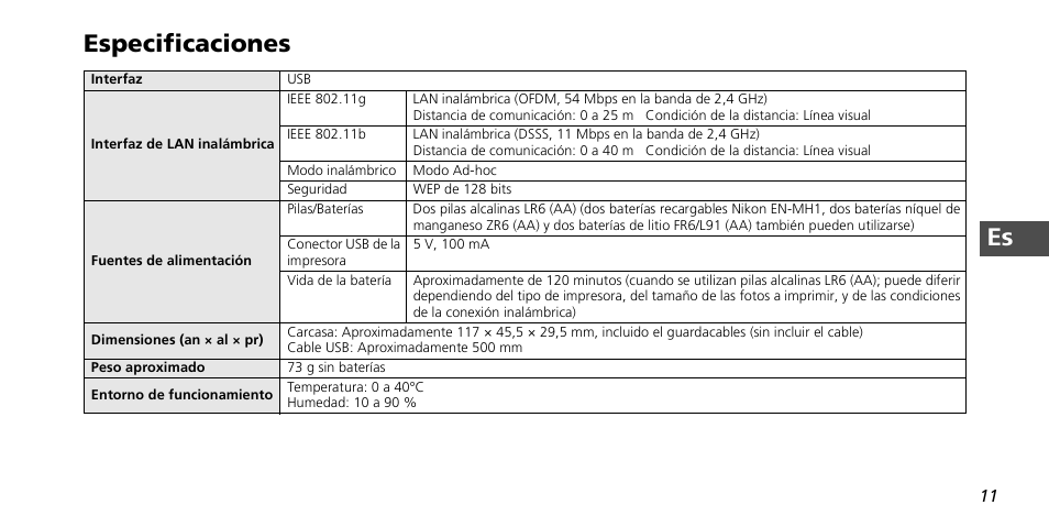 Es especificaciones | Nikon PD-10 User Manual | Page 63 / 120