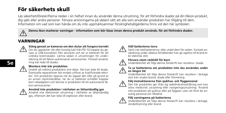 Se för säkerhets skull | Nikon PD-10 User Manual | Page 64 / 120