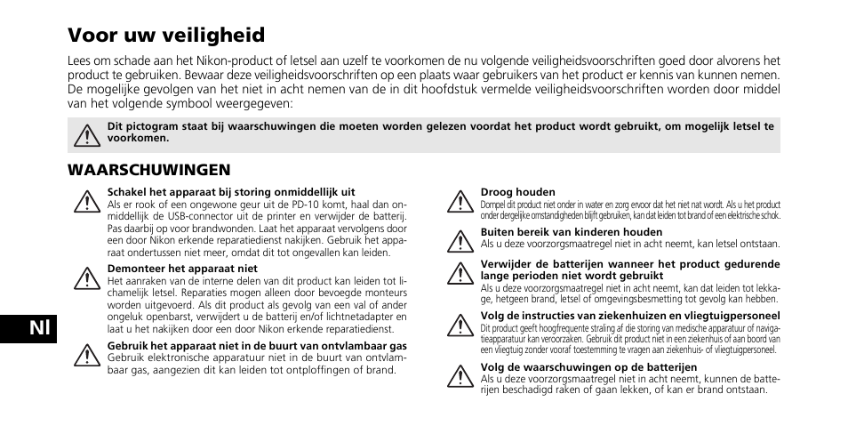 Nl voor uw veiligheid | Nikon PD-10 User Manual | Page 92 / 120