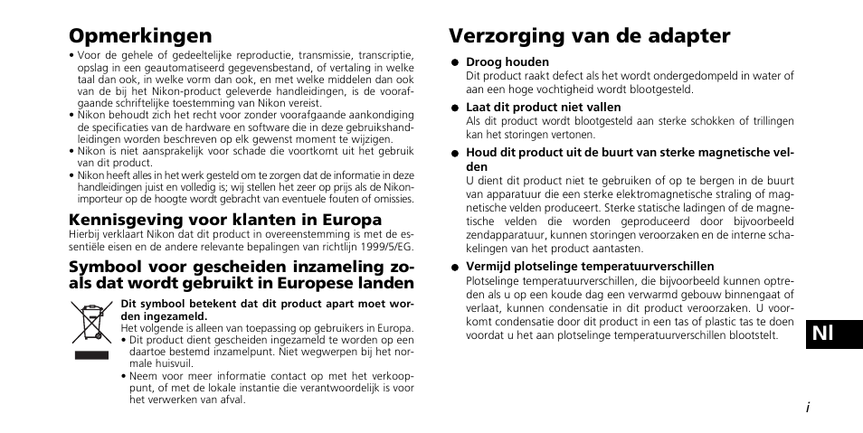 Nl opmerkingen, Verzorging van de adapter | Nikon PD-10 User Manual | Page 93 / 120