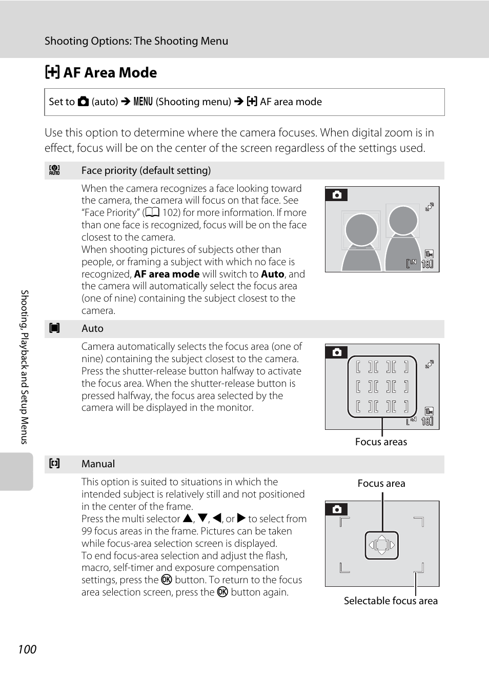 Af area mode, G af area mode, A 100) | A 100). press th, A 100 | Nikon Coolpix S220 User Manual | Page 112 / 164