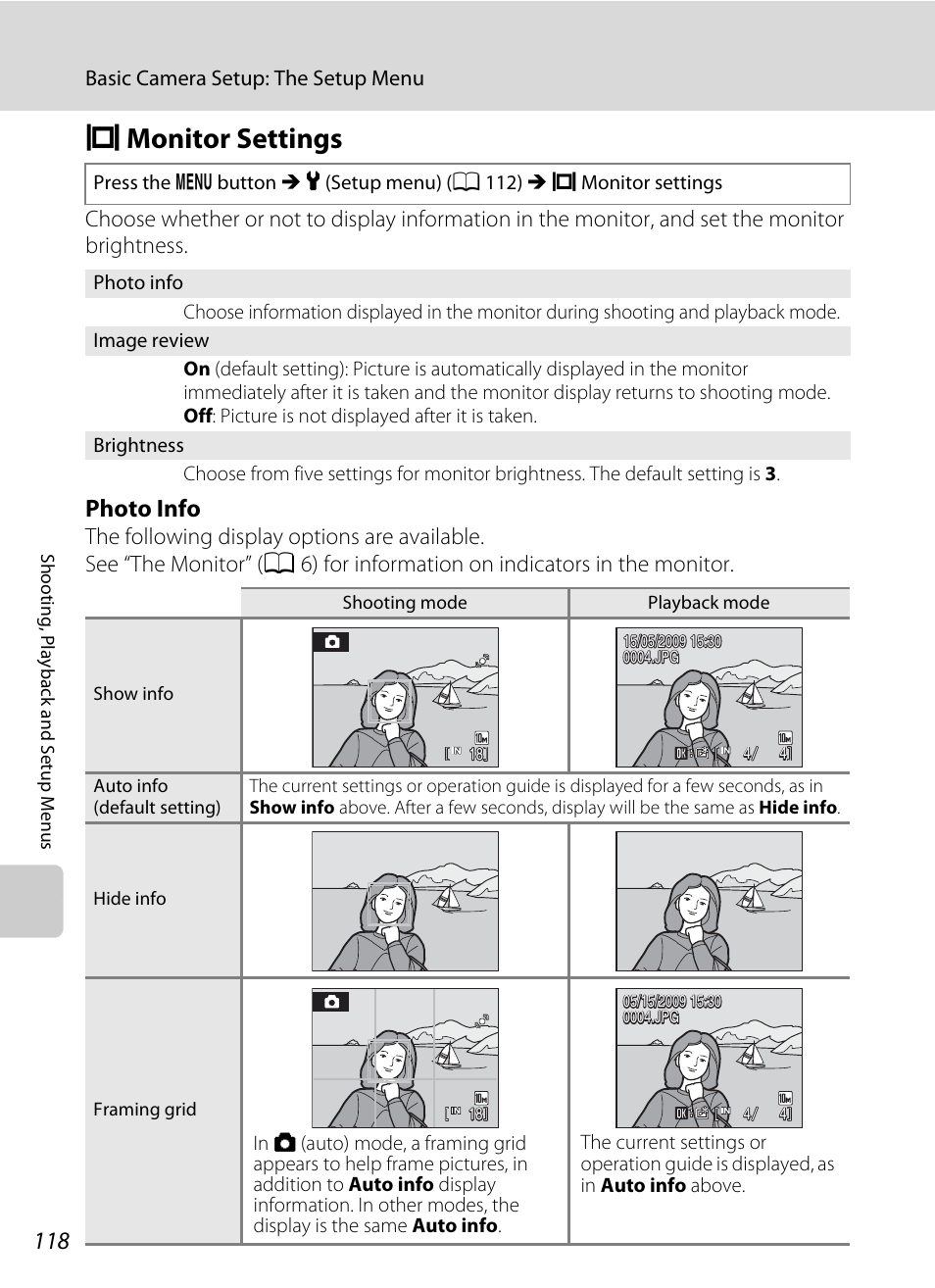 Monitor settings, E monitor settings, A 118) | A 118, Photo info | Nikon Coolpix S220 User Manual | Page 130 / 164