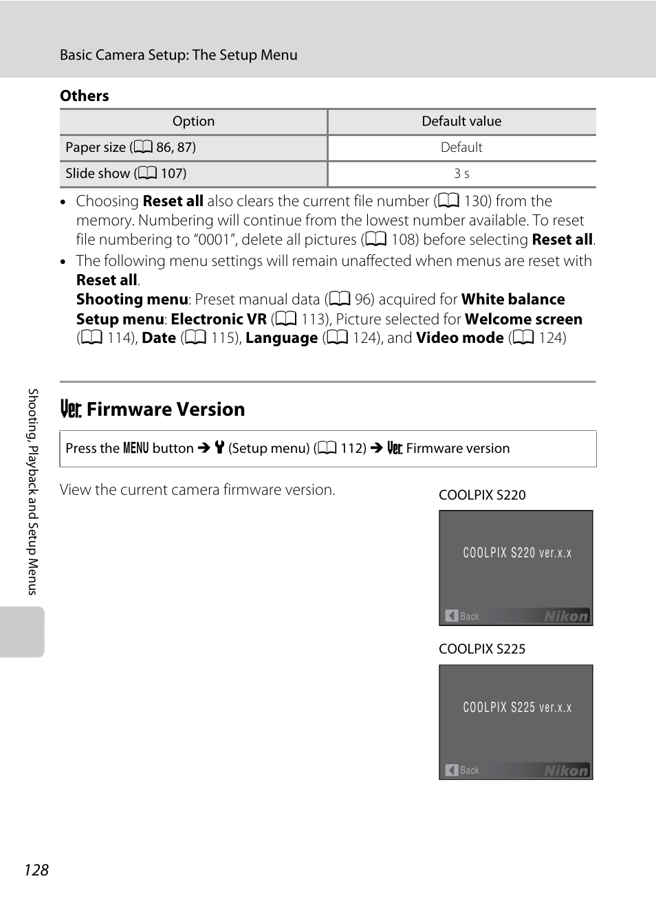 Firmware version, R firmware version, A 128 | Nikon Coolpix S220 User Manual | Page 140 / 164