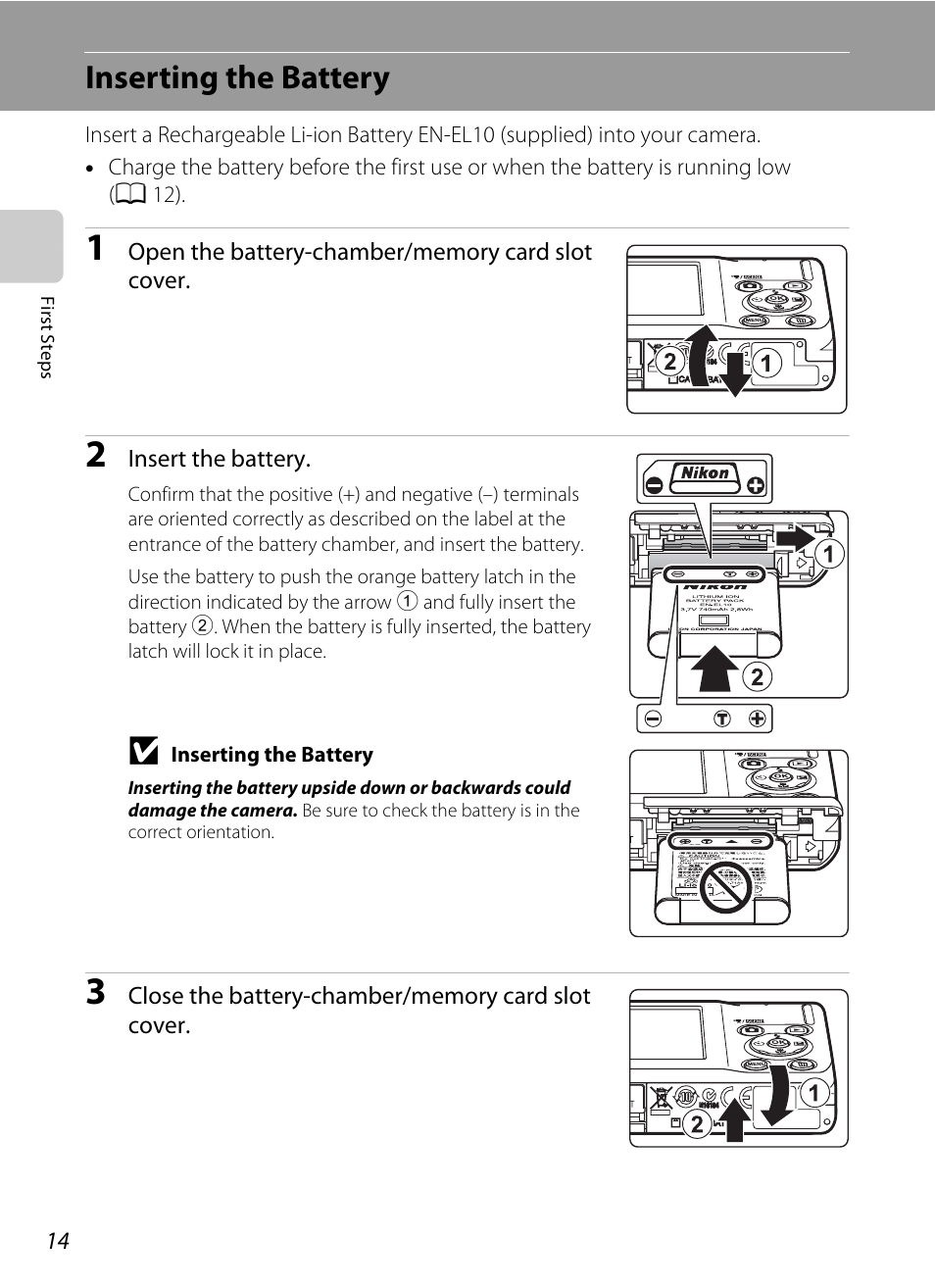 Inserting the battery | Nikon Coolpix S220 User Manual | Page 26 / 164