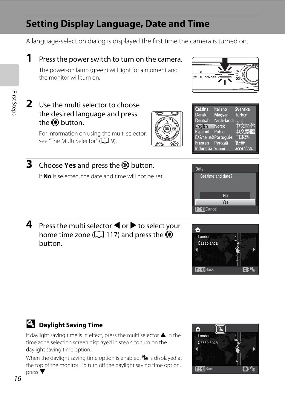 Setting display language, date and time | Nikon Coolpix S220 User Manual | Page 28 / 164