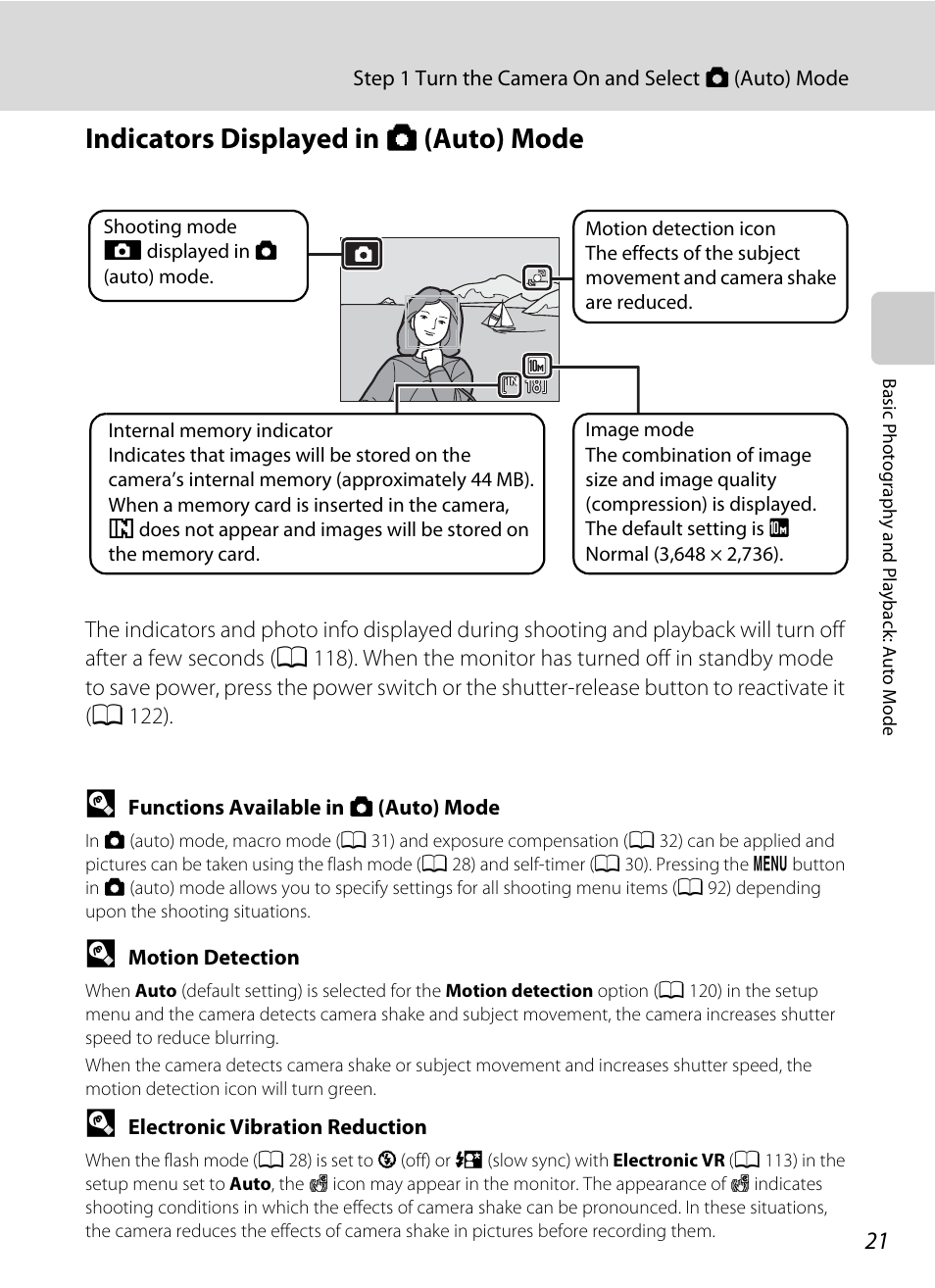 Indicators displayed in auto mode, Indicators displayed in a (auto) mode | Nikon Coolpix S220 User Manual | Page 33 / 164