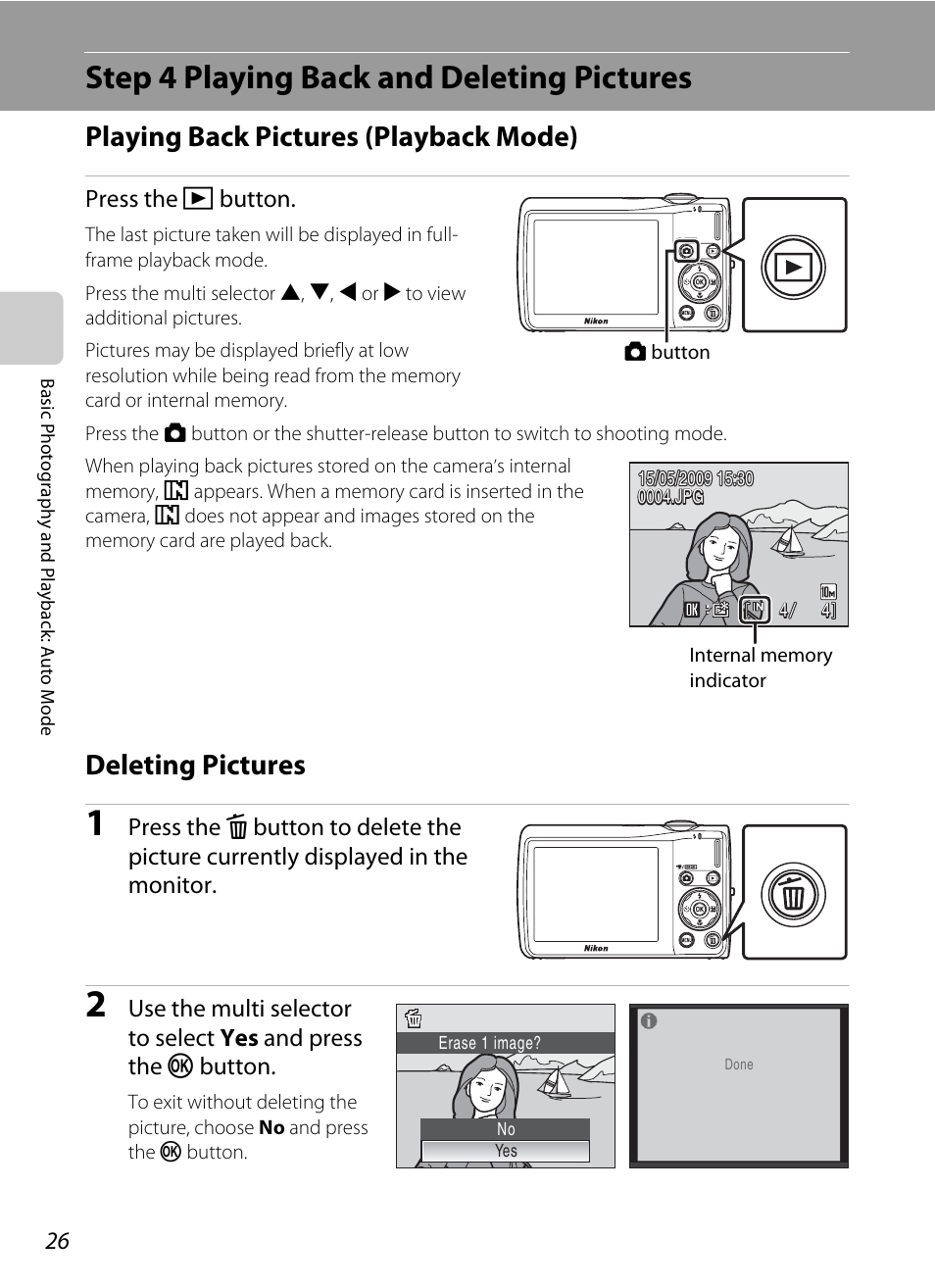 Step 4 playing back and deleting pictures, Playing back pictures (playback mode), Deleting pictures | A 26) | Nikon Coolpix S220 User Manual | Page 38 / 164