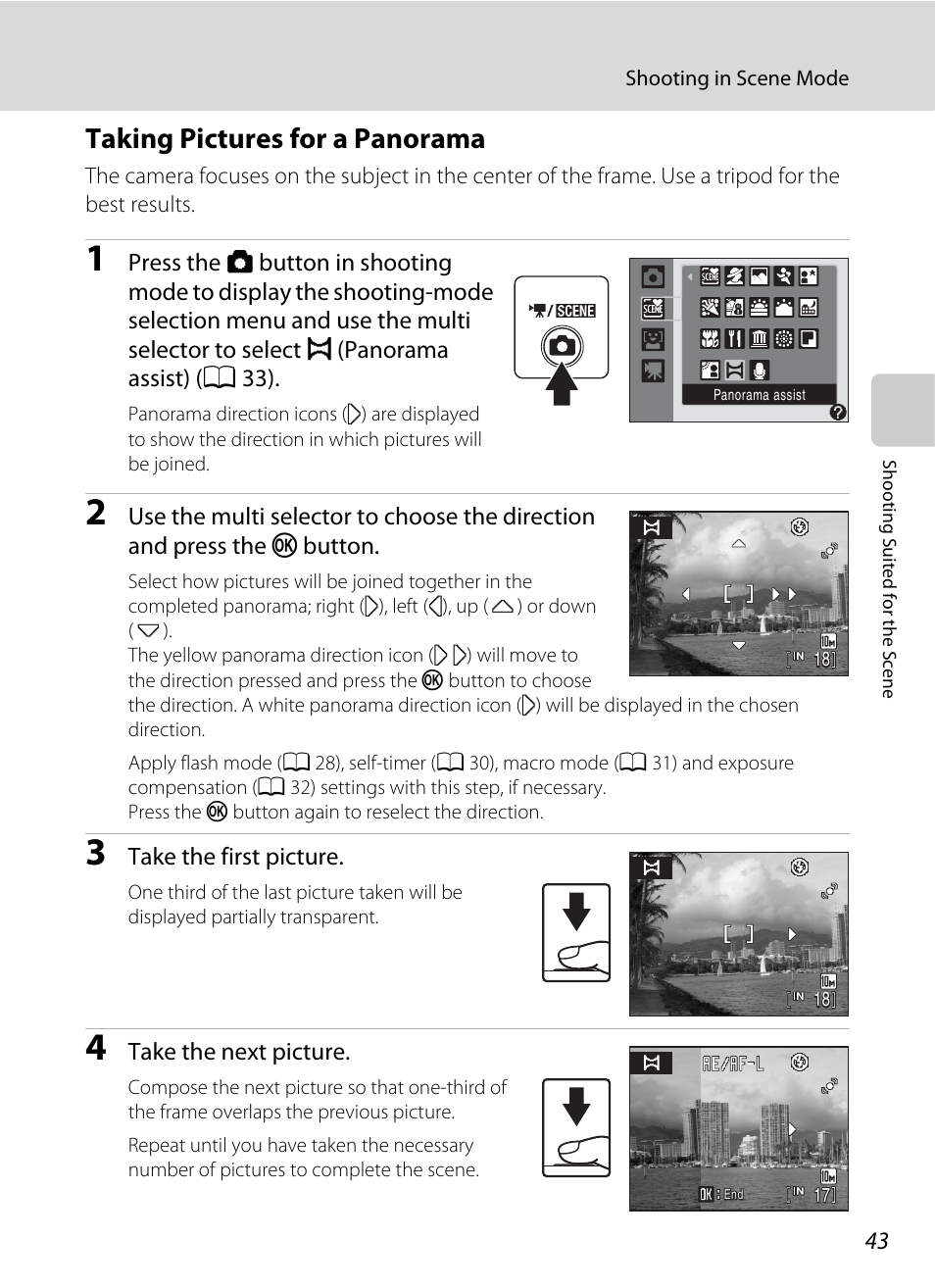 Taking pictures for a panorama, A 43) f | Nikon Coolpix S220 User Manual | Page 55 / 164