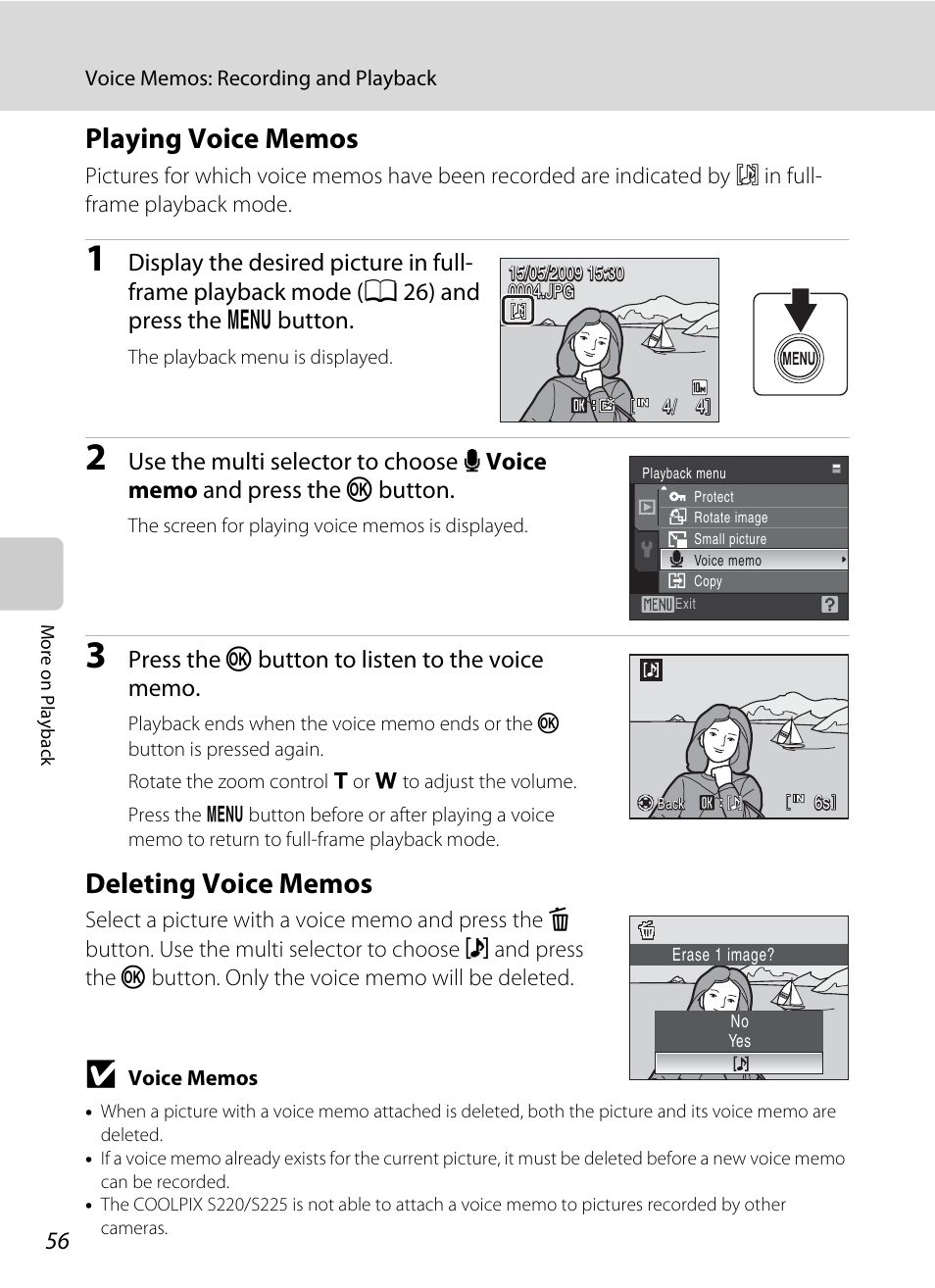 Playing voice memos, Deleting voice memos, Playing voice memos deleting voice memos | Of ”playing voice memos, A 56) | Nikon Coolpix S220 User Manual | Page 68 / 164