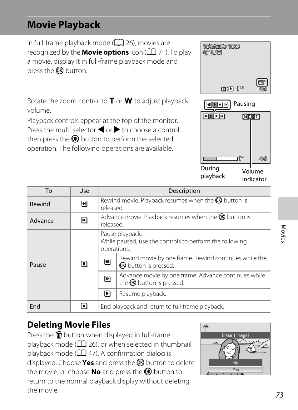 Movie playback, Deleting movie files | Nikon Coolpix S220 User Manual | Page 85 / 164