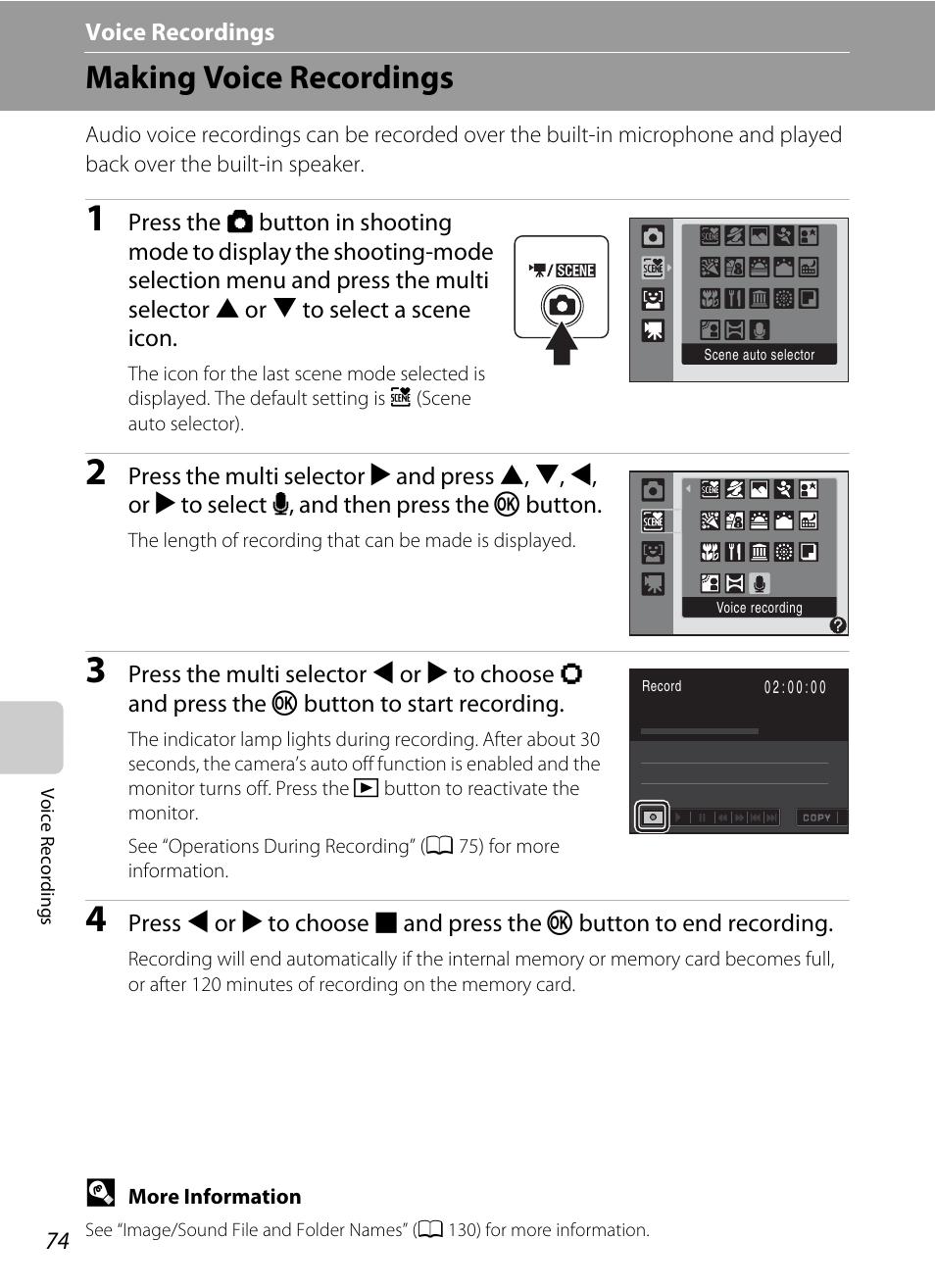 Voice recordings, Making voice recordings, E voice recordings | A 74) for | Nikon Coolpix S220 User Manual | Page 86 / 164