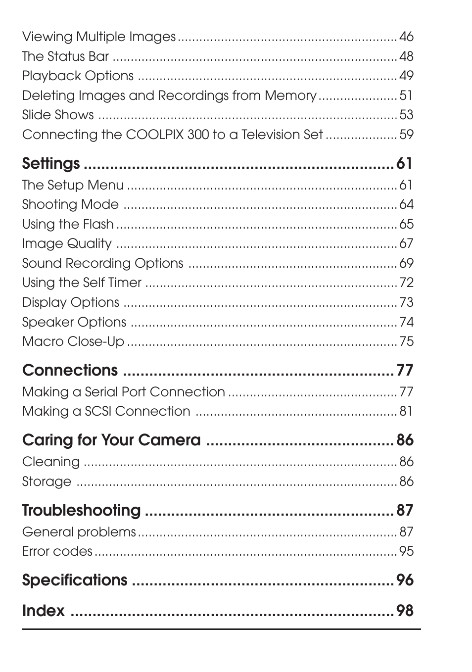 Settings, Connections, Caring for your camera | Troubleshooting, Specifications index | Nikon Coolpix 300 User Manual | Page 14 / 116