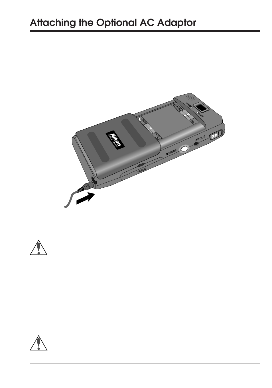 Attaching the optional ac adaptor | Nikon Coolpix 300 User Manual | Page 31 / 116