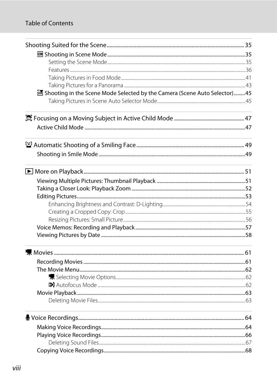 Viii | Nikon Coolpix S610 User Manual | Page 10 / 151