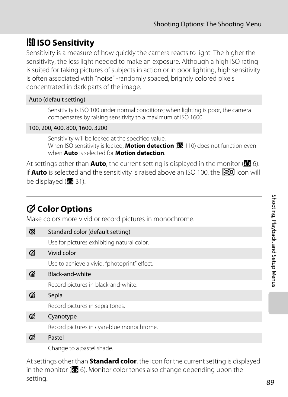 Iso sensitivity, Color options, E iso sensitivity f color options | A 89, E iso sensitivity, F color options | Nikon Coolpix S610 User Manual | Page 101 / 151