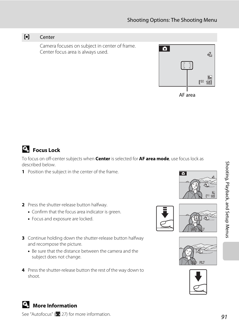 Lock, A 91), Shooting options: the shooting menu | Focus lock, More information | Nikon Coolpix S610 User Manual | Page 103 / 151