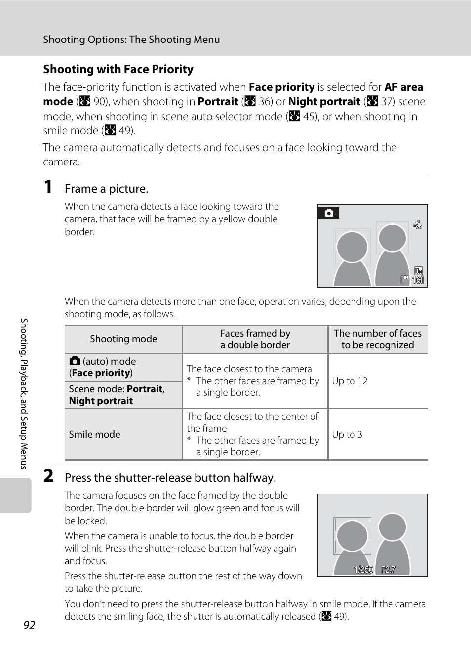 A 92), Ra (shooting with face priority, Shooting with face priority | A 92) for | Nikon Coolpix S610 User Manual | Page 104 / 151