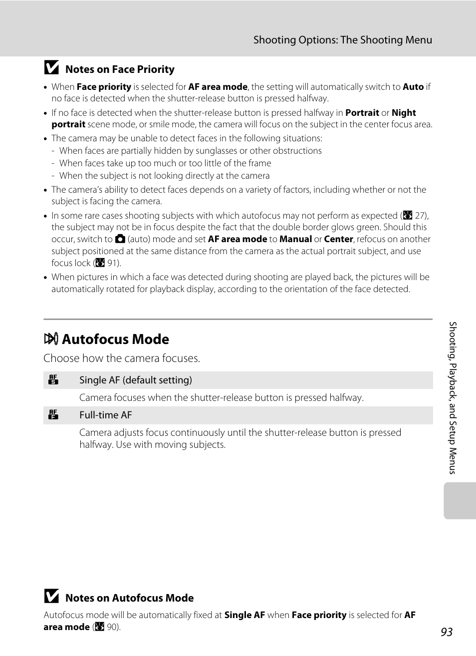 Autofocus mode, I autofocus mode, A 93 | Nikon Coolpix S610 User Manual | Page 105 / 151