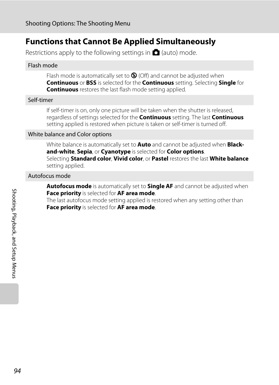 Functions that cannot be applied simultaneously, A 94) | Nikon Coolpix S610 User Manual | Page 106 / 151