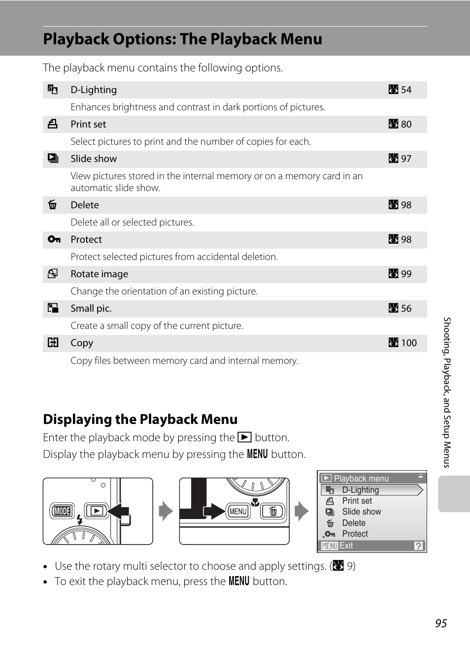 Playback options: the playback menu, Displaying the playback menu, A 95) or | Nikon Coolpix S610 User Manual | Page 107 / 151