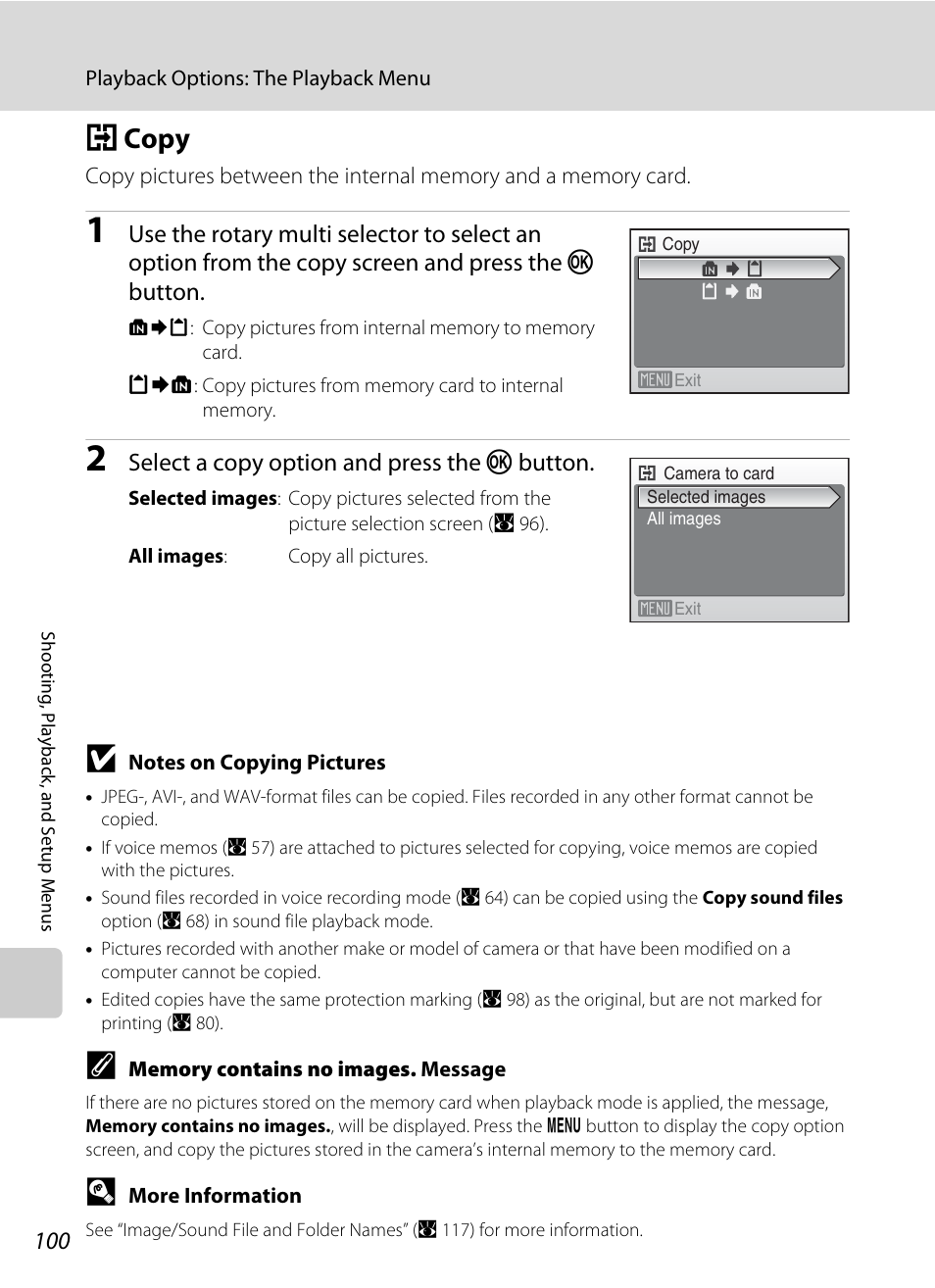 Copy, H copy, A 100 | A 100), Select a copy option and press the k button | Nikon Coolpix S610 User Manual | Page 112 / 151