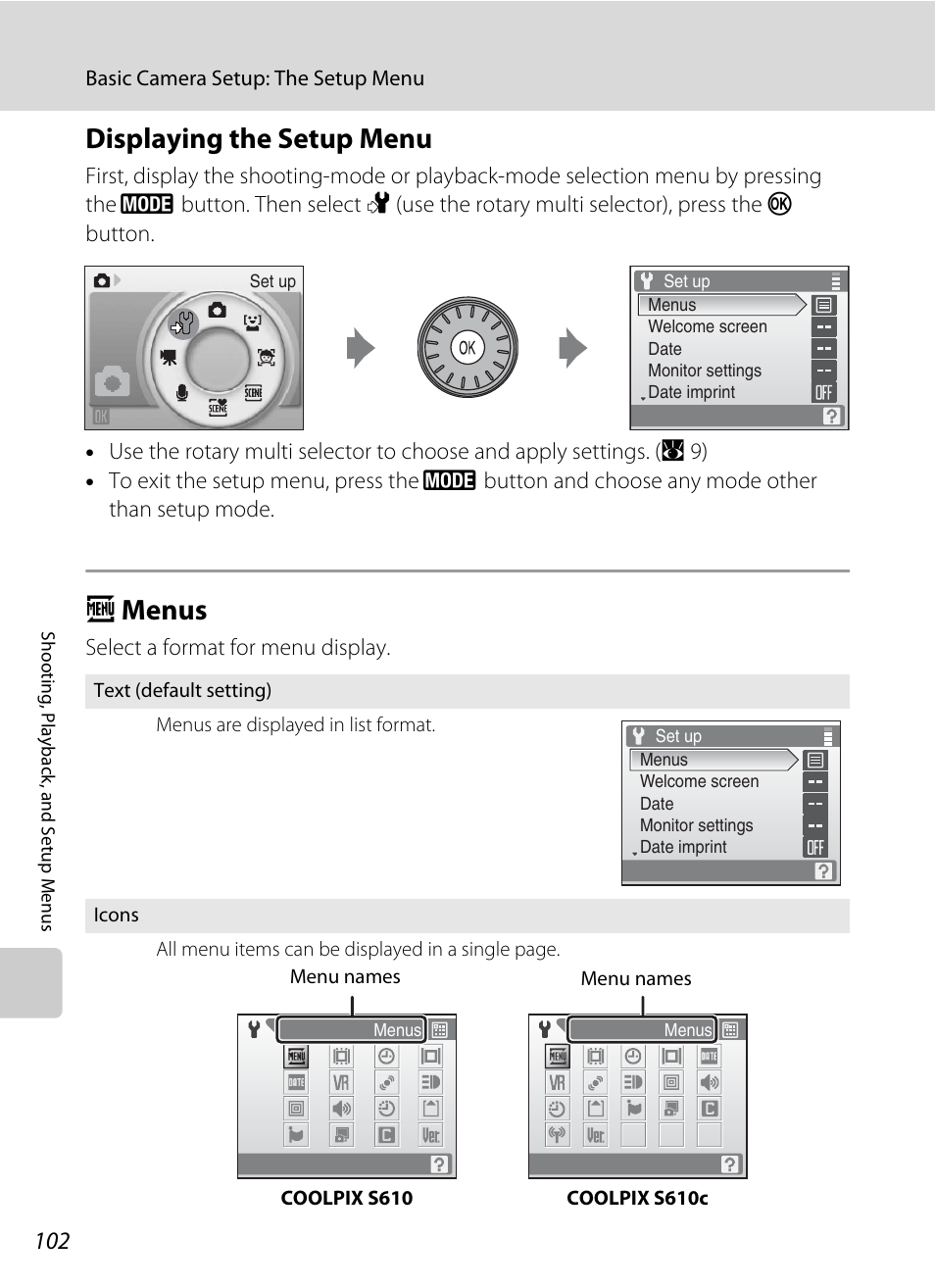 Displaying the setup menu, Menus, Displaying the setup menu a menus | A 102, A menus | Nikon Coolpix S610 User Manual | Page 114 / 151