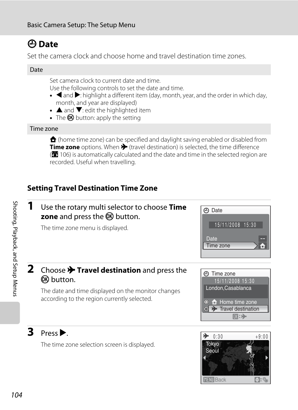 Date, D date, A 104) | A 104, Setting travel destination time zone, Choose x travel destination and press the k button, Press k | Nikon Coolpix S610 User Manual | Page 116 / 151