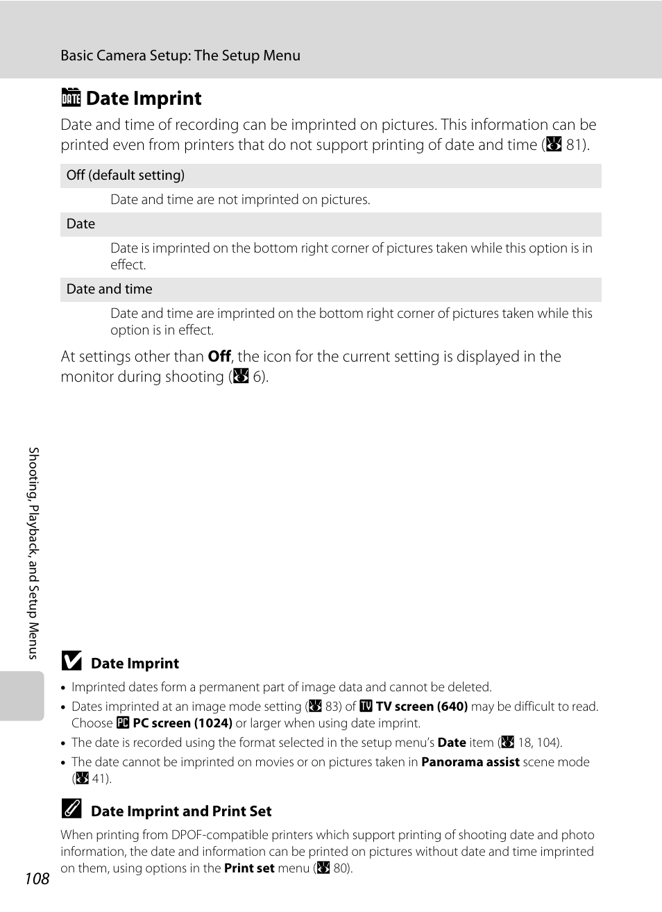 Date imprint, C date imprint, A 108) | A 108 | Nikon Coolpix S610 User Manual | Page 120 / 151