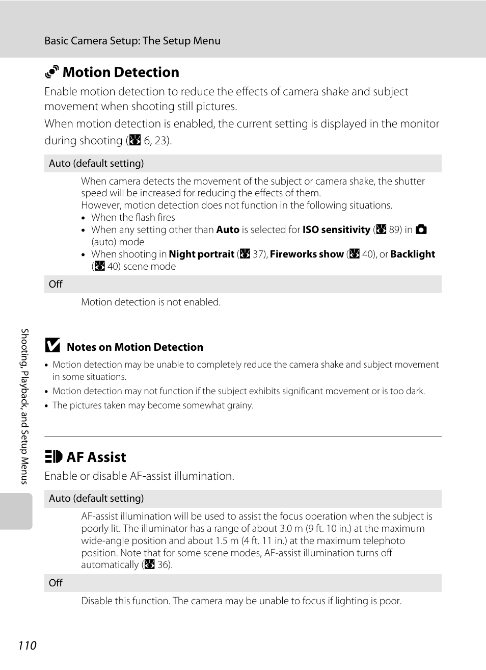 Motion detection, Af assist, U motion detection h af assist | A 110), Ting, A 110) settings and hold the, A 110, A 110) is set to, A 110) does not, U motion detection | Nikon Coolpix S610 User Manual | Page 122 / 151