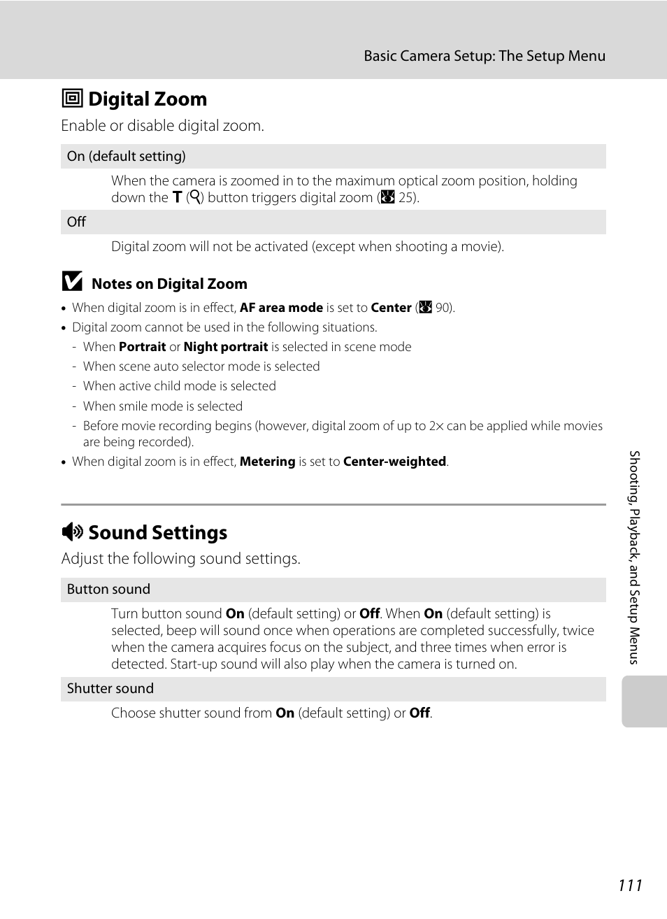 Digital zoom, Sound settings, U digital zoom i sound settings | A 111, U digital zoom, I sound settings | Nikon Coolpix S610 User Manual | Page 123 / 151
