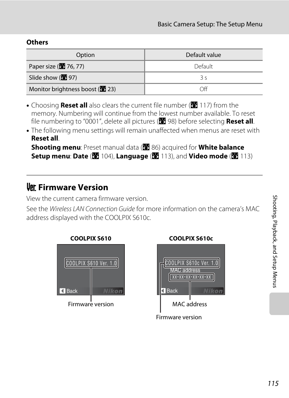 Firmware version, R firmware version, A 115 | Nikon Coolpix S610 User Manual | Page 127 / 151