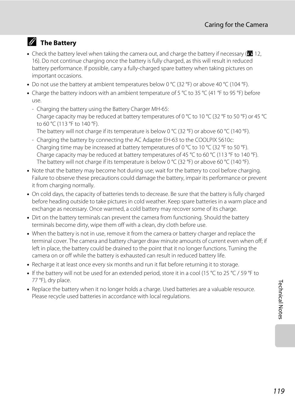 The battery, A 119), thoroughly bef, A 119), be | Nikon Coolpix S610 User Manual | Page 131 / 151