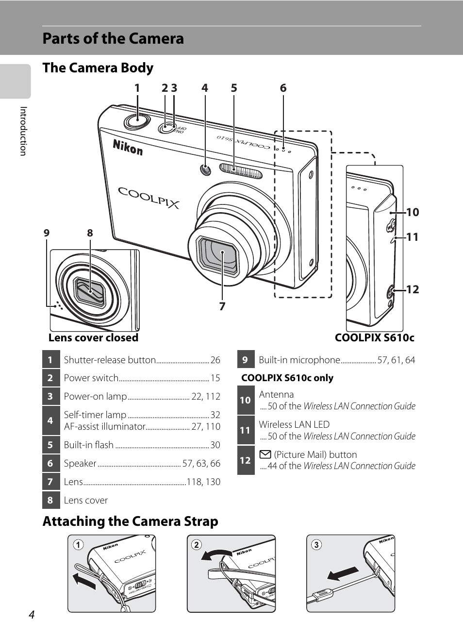 Parts of the camera, The camera body, Attaching the camera strap | The camera body attaching the camera strap | Nikon Coolpix S610 User Manual | Page 16 / 151
