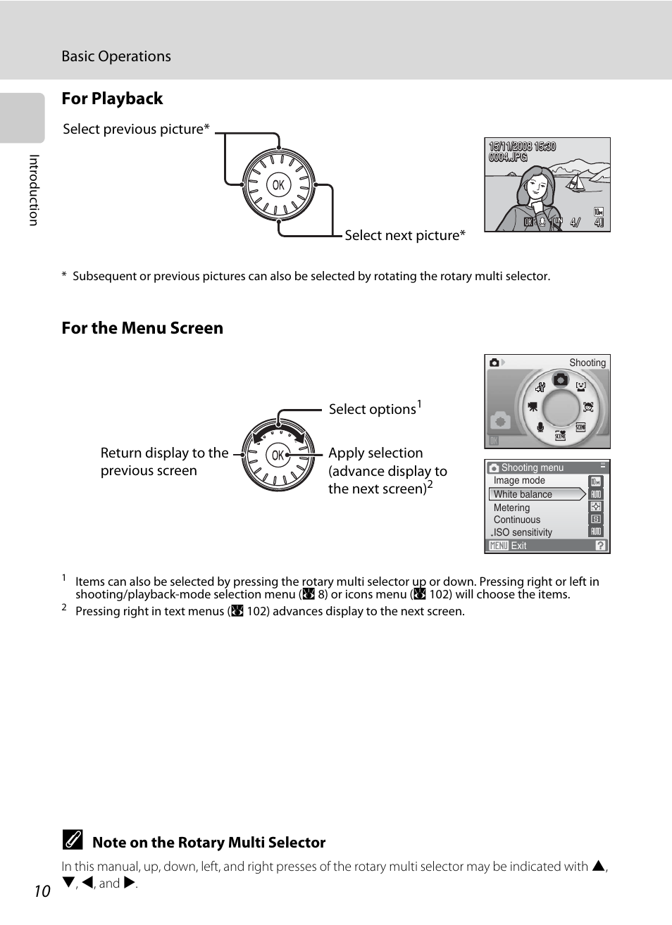 For playback, For the menu screen, Basic operations | Nikon Coolpix S610 User Manual | Page 22 / 151