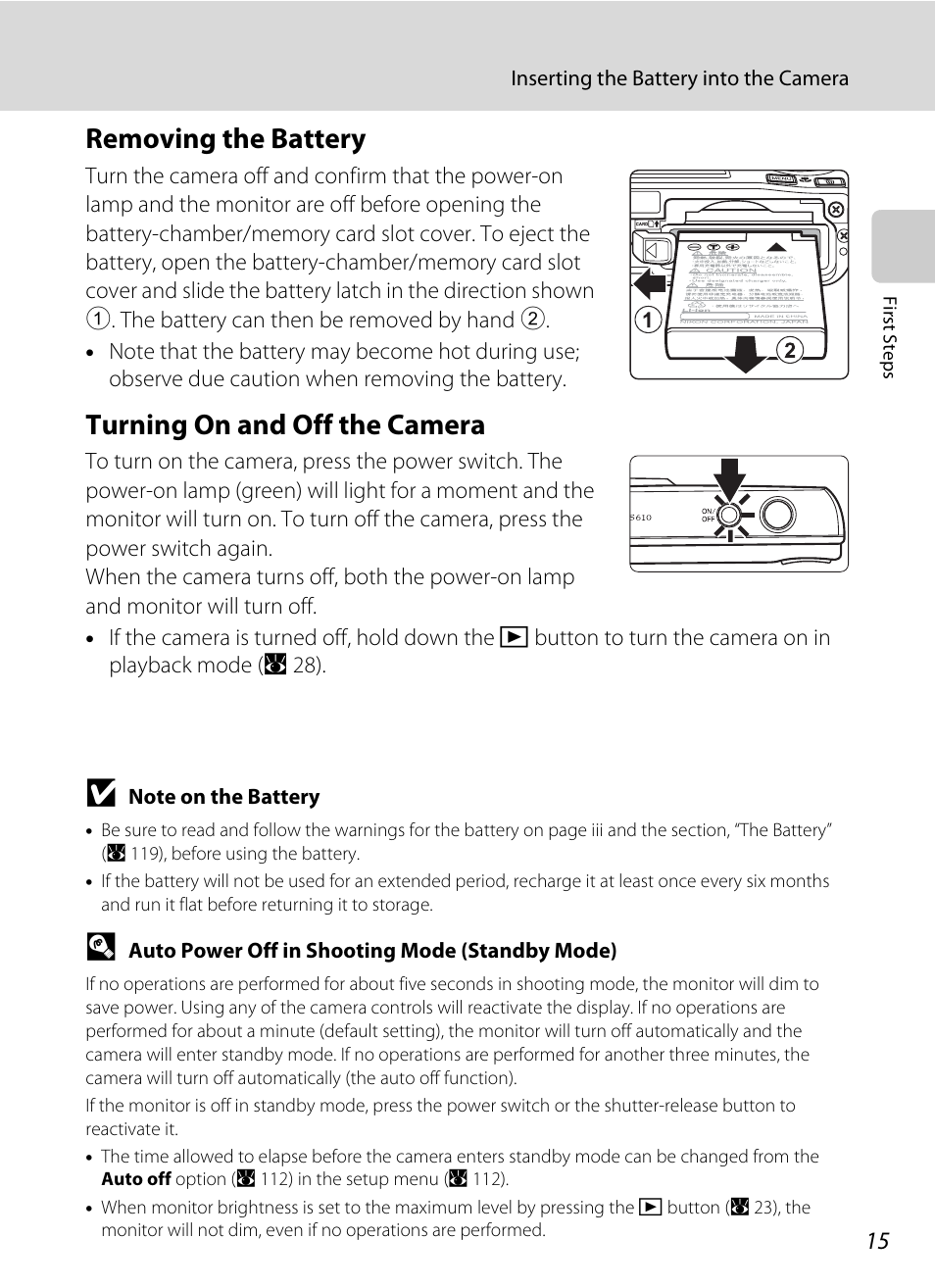 Removing the battery, Turning on and off the camera, Removing the battery turning on and off the camera | Nikon Coolpix S610 User Manual | Page 27 / 151