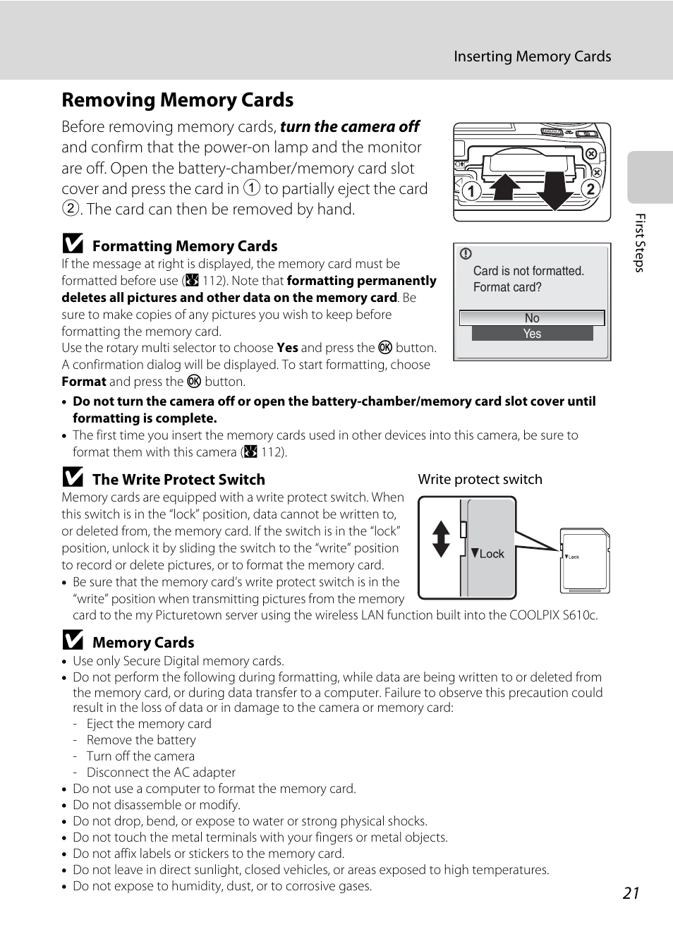 Removing memory cards | Nikon Coolpix S610 User Manual | Page 33 / 151