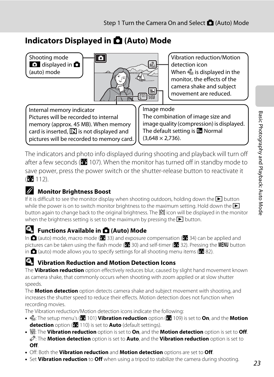 A 23), the, Indicators displayed in a (auto) mode | Nikon Coolpix S610 User Manual | Page 35 / 151
