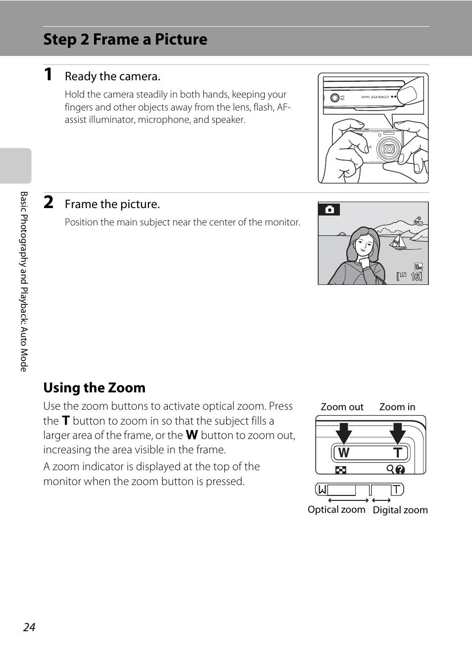 Step 2 frame a picture, Using the zoom | Nikon Coolpix S610 User Manual | Page 36 / 151