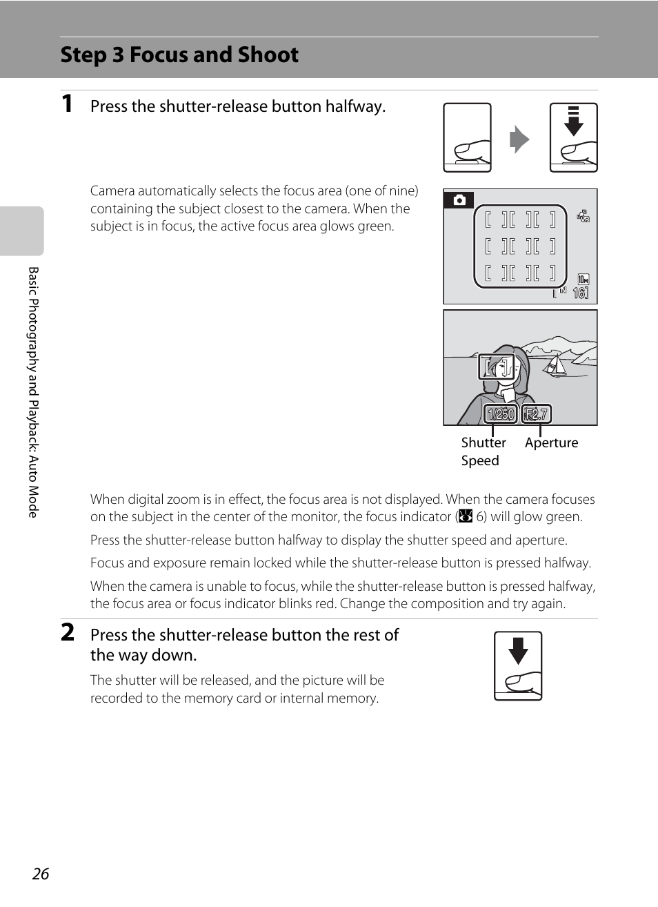 Step 3 focus and shoot | Nikon Coolpix S610 User Manual | Page 38 / 151