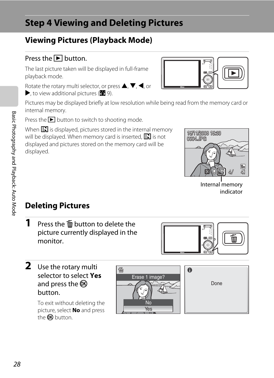 Step 4 viewing and deleting pictures, A 28), A 28 | Viewing pictures (playback mode), Deleting pictures | Nikon Coolpix S610 User Manual | Page 40 / 151