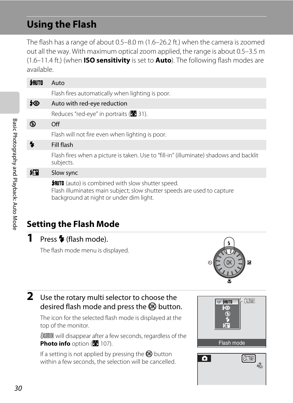 Using the flash, Setting the flash mode, A 30) m | A 30) and se, A 30) | Nikon Coolpix S610 User Manual | Page 42 / 151