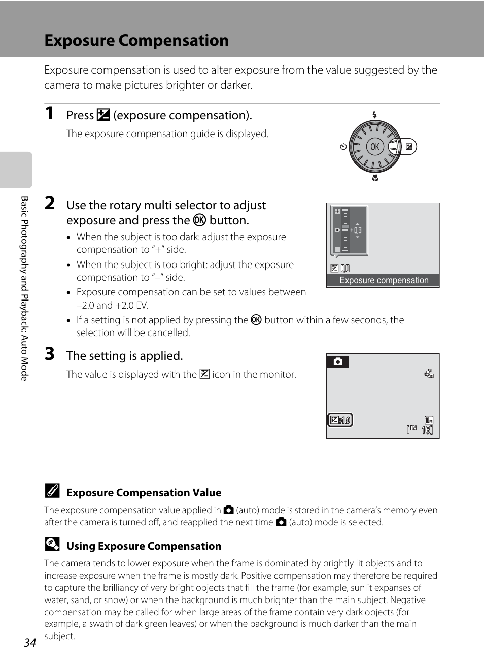 Exposure compensation, A 34) guide, A 34) can | Nikon Coolpix S610 User Manual | Page 46 / 151