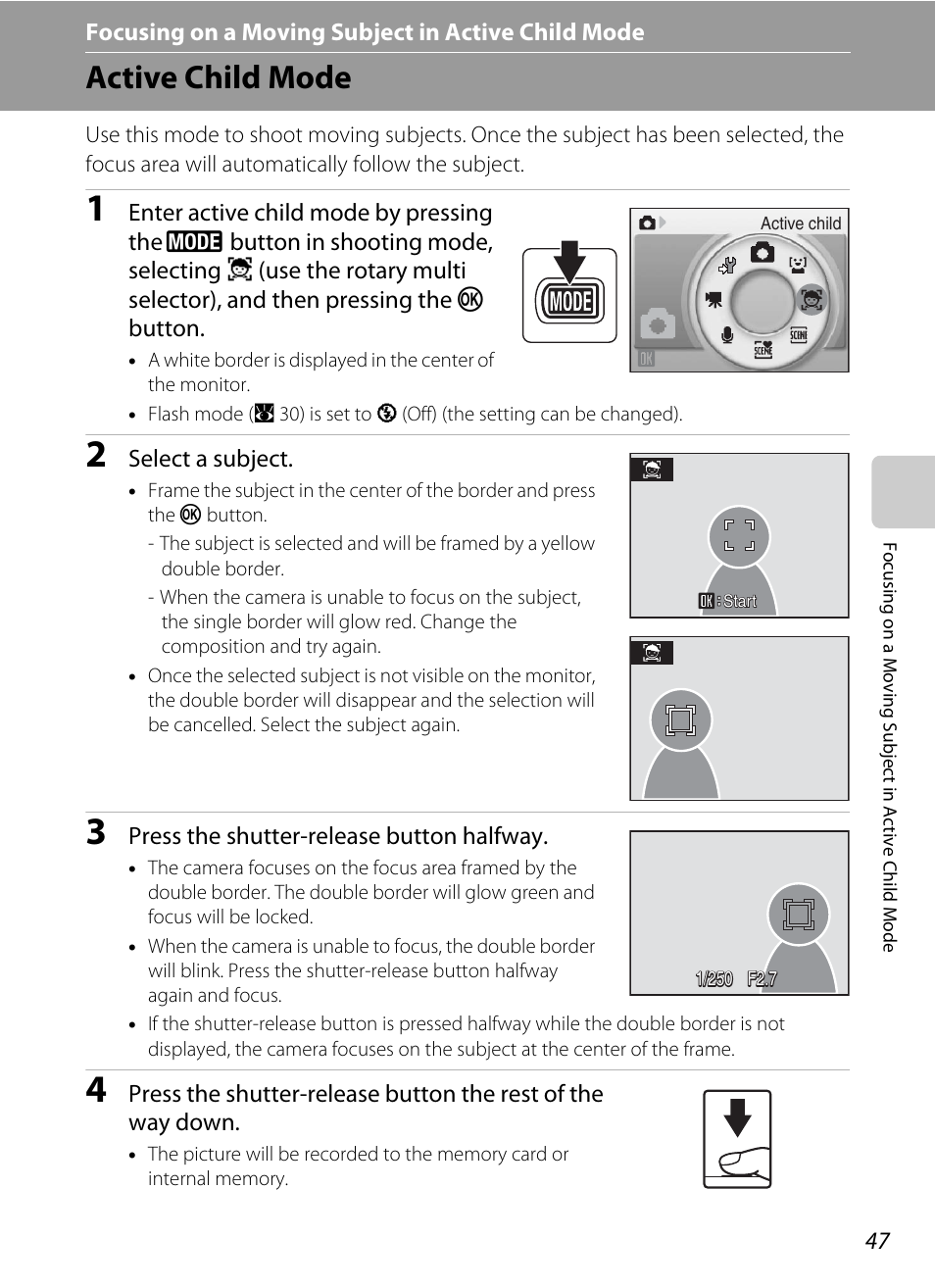 Focusing on a moving subject in active child mode, Active child mode | Nikon Coolpix S610 User Manual | Page 59 / 151