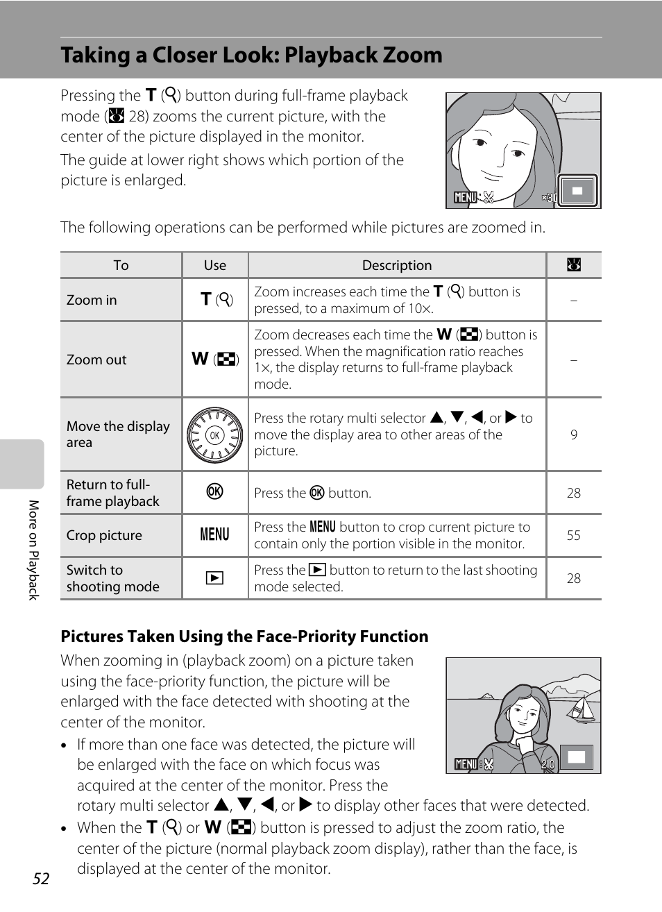 Taking a closer look: playback zoom, Pictures taken using the face-priority function | Nikon Coolpix S610 User Manual | Page 64 / 151